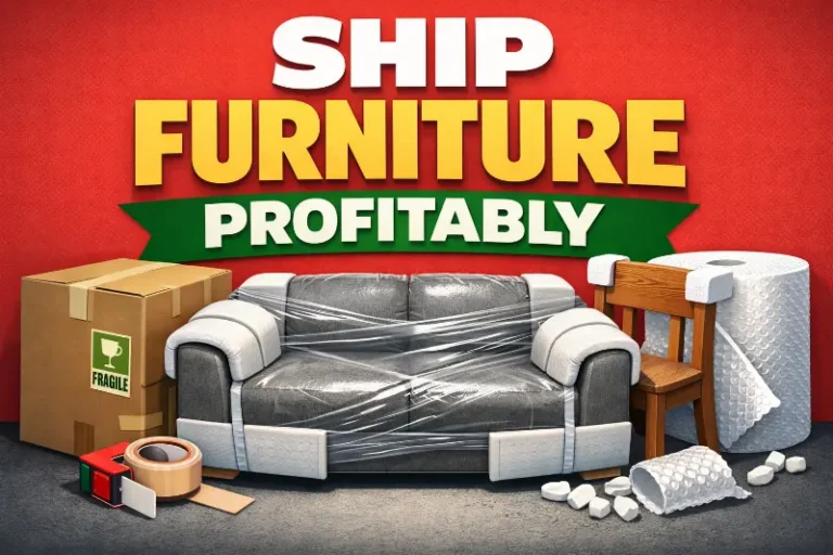 Wrapped sofa as dominant subject against bold red background with large Ship Furniture Profitably headline illustrating profitable bulky item shipping