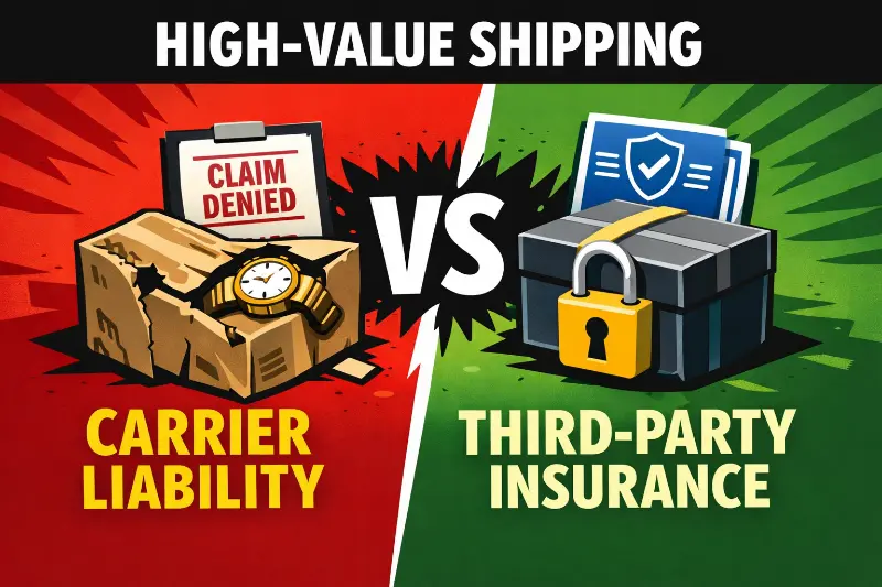 High-value ecommerce shipping insurance comparison showing carrier liability limits and third-party coverage options for valuable items