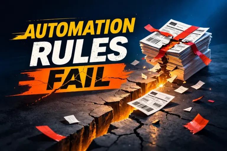 Operations leader reviewing shipping rule configurations on a screen with warehouse shelving in the background, representing ecommerce shipping automation challenges