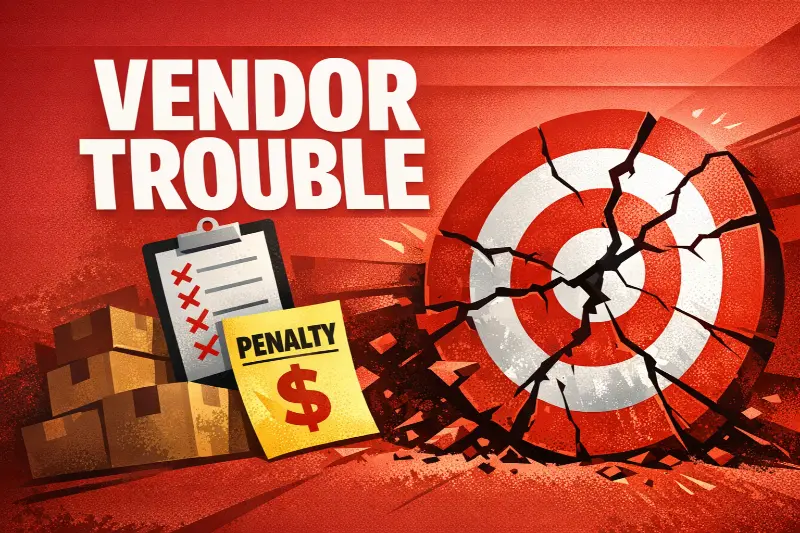 Target vendor compliance failure illustration showing cracked bullseye target with chargeback penalty notice and supplier checklist errors