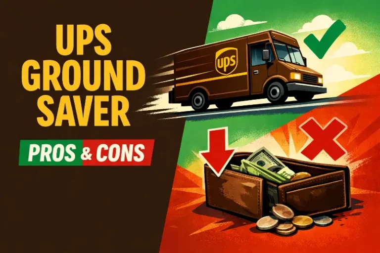 UPS Ground Saver comparison illustration showing delivery truck, savings upside, and risk tradeoff for ecommerce shipping decisions