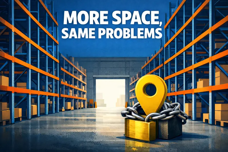 Empty warehouse aisle with bold headline “MORE SPACE, SAME PROBLEMS” and a chained location pin symbolizing inflexible warehouse leases despite rising vacancy rates.