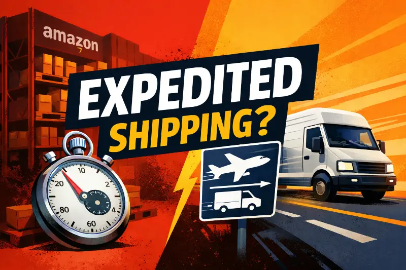 Bold editorial illustration with “EXPEDITED SHIPPING?” headline, split red-orange background, warehouse shelves on one side and a speeding delivery truck with stopwatch on the other, symbolizing misunderstood Amazon delivery speed.