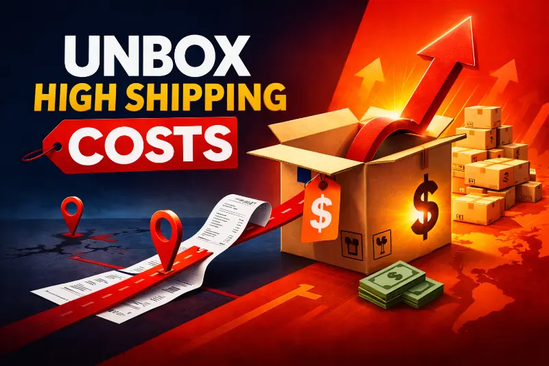 Unboxing high shipping costs concept showing open box with rising arrow and price tag symbolizing escalating ecommerce fulfillment expenses
