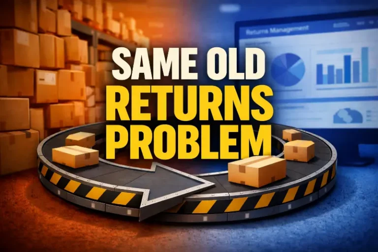 Bold graphic reading “Same Old Returns Problem” over a looping warehouse conveyor with cardboard return boxes, symbolizing how returns management software improves workflows but still sends items back into the same warehouse loop.
