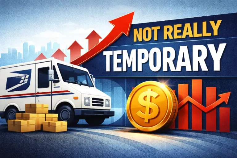 Delivery truck with rising cost arrow showing permanent increase in shipping expenses for ecommerce brands