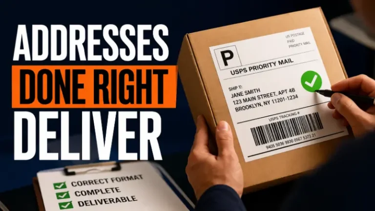 Shipping box with correctly formatted address label being checked for accuracy to prevent delivery failures and carrier surcharges