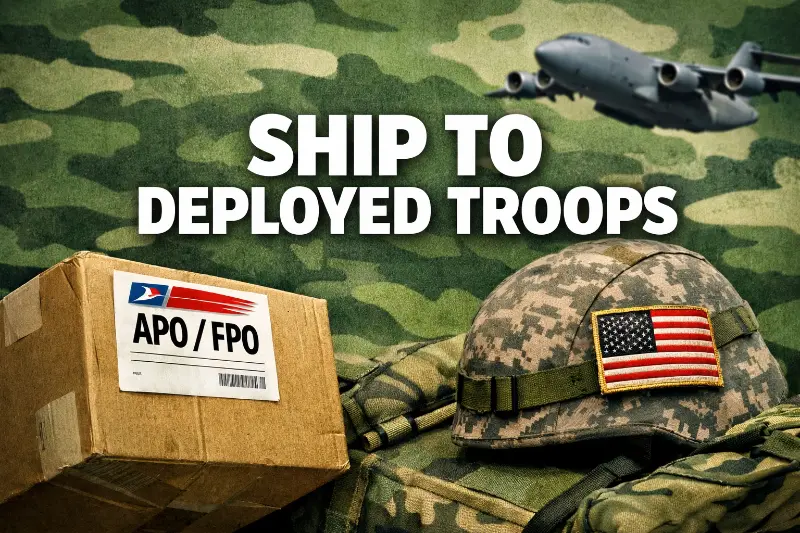 Package labeled APO FPO next to military helmet representing challenges of shipping orders to military addresses