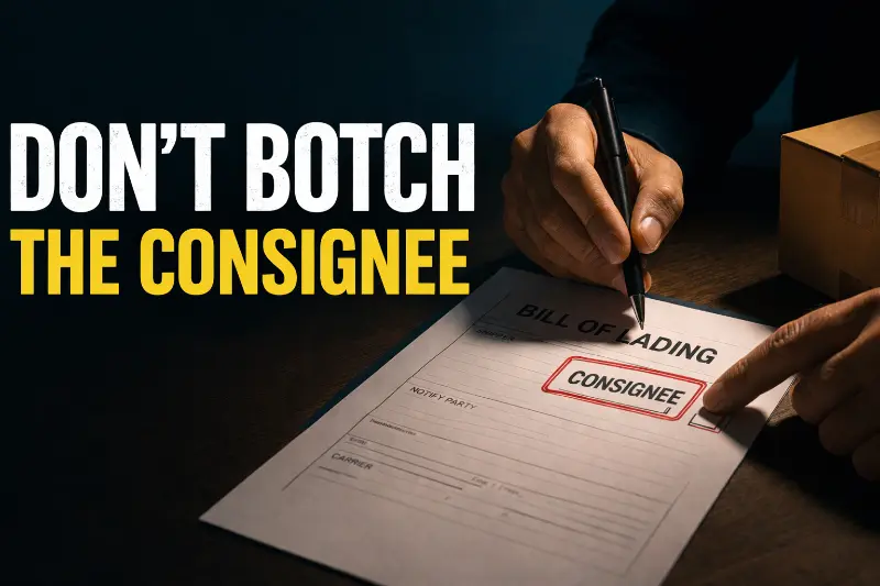 Logistics operator reviewing bill of lading shipping documents to verify consignee information for accurate delivery