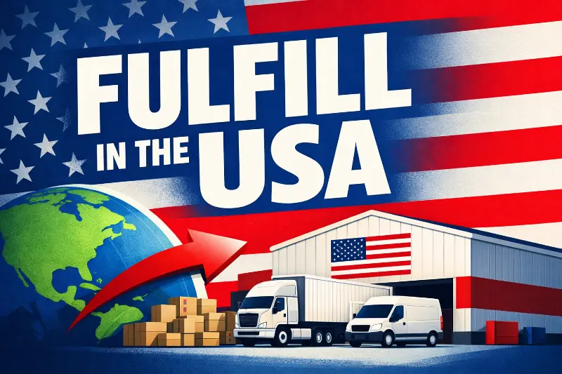 Cross-border ecommerce fulfillment shift to U.S. warehouse infrastructure with bold “Fulfill in the USA” headline and domestic relocation concept