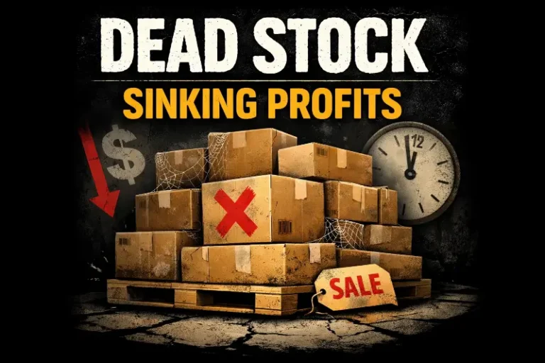 Stack of unsold inventory boxes marked dead stock representing excess ecommerce inventory tying up cash flow and reducing profitability