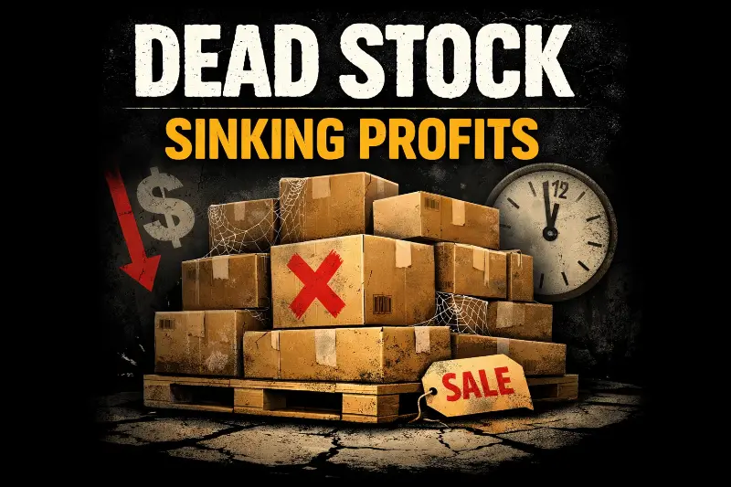 Stack of unsold inventory boxes marked dead stock representing excess ecommerce inventory tying up cash flow and reducing profitability