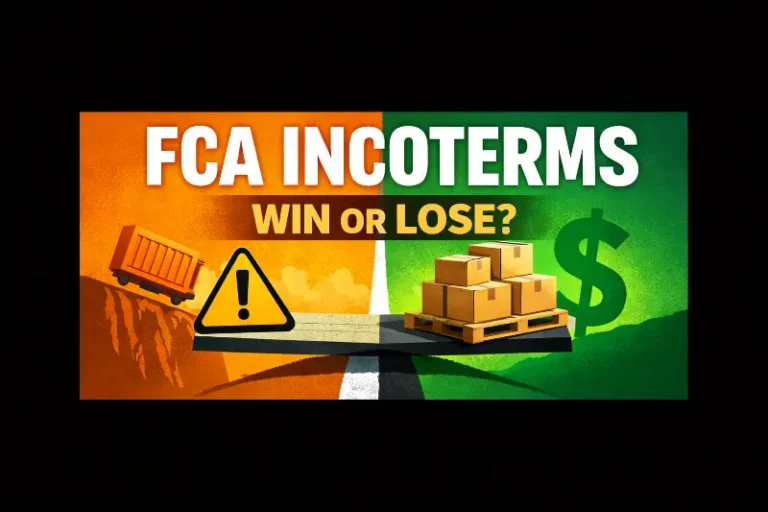 Split scene showing shipment risk transfer point in FCA incoterms with cargo falling on one side and secured pallets on the other.