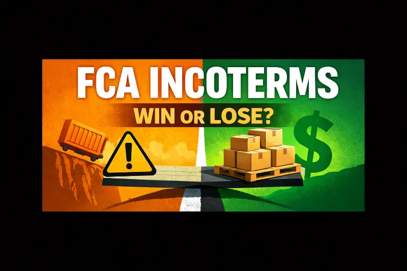 Split scene showing shipment risk transfer point in FCA incoterms with cargo falling on one side and secured pallets on the other.