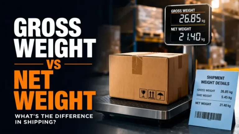 Box on shipping scale showing gross weight versus net weight measurement in warehouse setting
