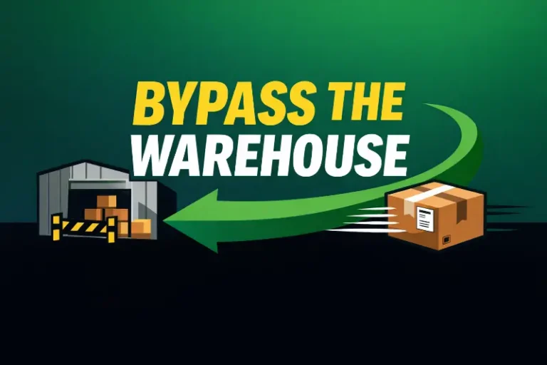 Forward Returns text with two customers passing a package directly between them, representing how peer-to-peer returns move items forward to the next buyer instead of back to a warehouse.