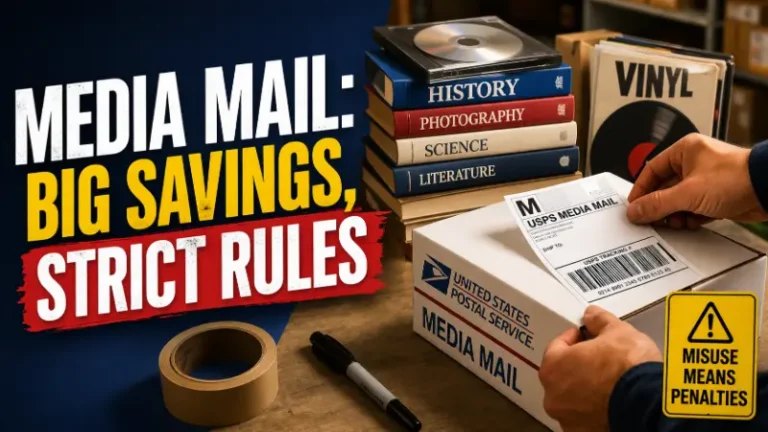 USPS Media Mail package with books and vinyl highlighting cost savings versus strict shipping limitations and penalties