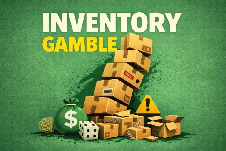 Ecommerce inventory boxes stacked unsold representing MOQ minimum order quantity risk and capital tied up in excess stock