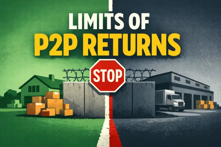 Peer-to-peer returns limitation concept showing a stop barrier between a home with return packages and a warehouse, representing where P2P returns must stop and shift to traditional logistics.