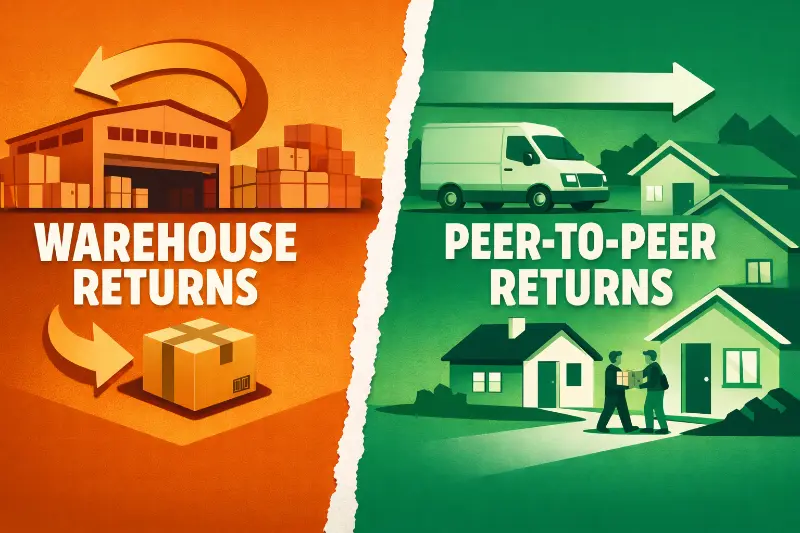 Split image showing warehouse returns looping backward versus peer-to-peer returns moving forward to a new customer