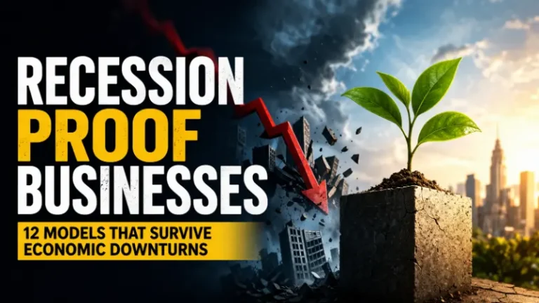 Contrast between economic downturn and resilient business growth with declining market arrow and thriving plant symbolizing recession-resistant business models