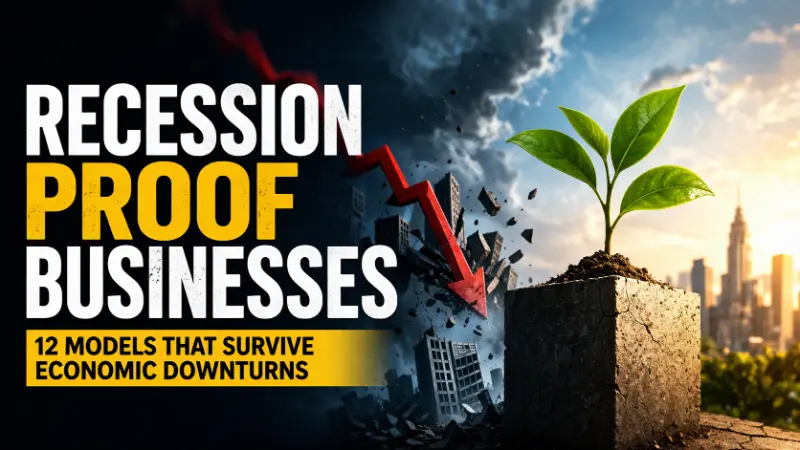 Contrast between economic downturn and resilient business growth with declining market arrow and thriving plant symbolizing recession-resistant business models