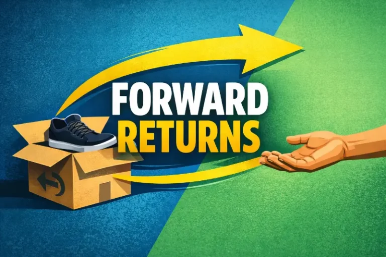 Forward Returns text with a returned item being sent directly from one customer to another, illustrating the peer-to-peer returns model that bypasses the warehouse.