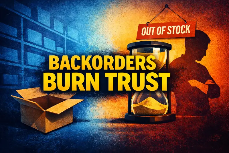 Empty shipping box and hourglass symbolizing delayed fulfillment and customer trust risk from ecommerce backorders