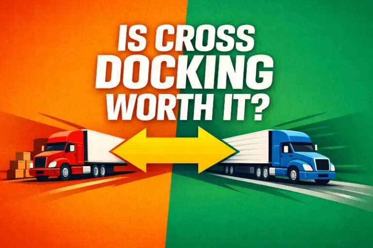 Two trucks exchanging freight directly between docks, illustrating cross docking as a fast but coordination-sensitive logistics strategy