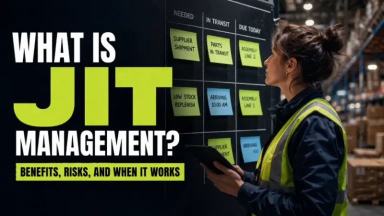 Warehouse operations manager reviewing just in time inventory schedule board with minimal stock and real time replenishment signals