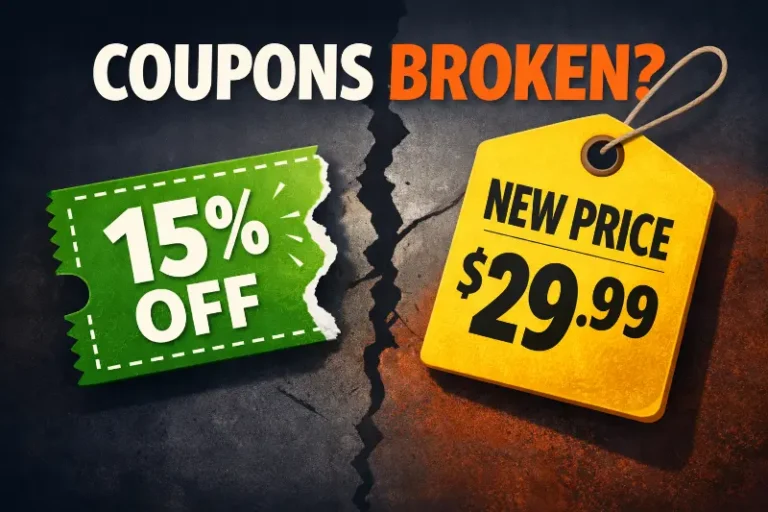 Torn discount coupon next to bold new price tag showing how Amazon coupon display changes impact perceived value and conversions