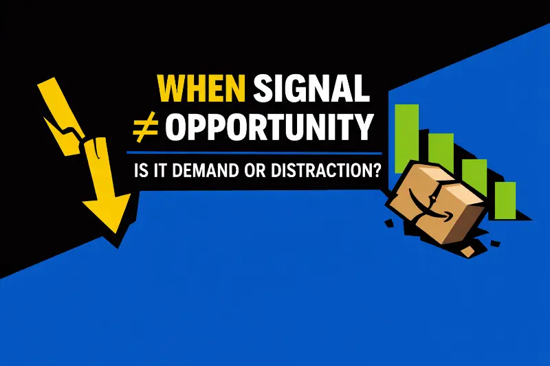 Bold graphic showing “When Signal ≠ Opportunity” with subtext “Is it Demand or Distraction?” illustrating the risk of misinterpreting Amazon unmet demand signals