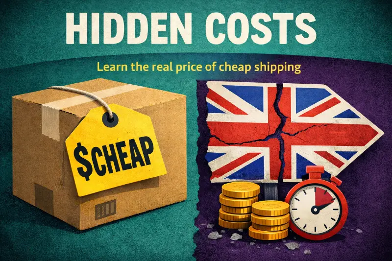 Box labeled cheap shipping contrasted with UK costs, highlighting hidden fees, delays, and total cost risks for ecommerce shipping from USA to UK