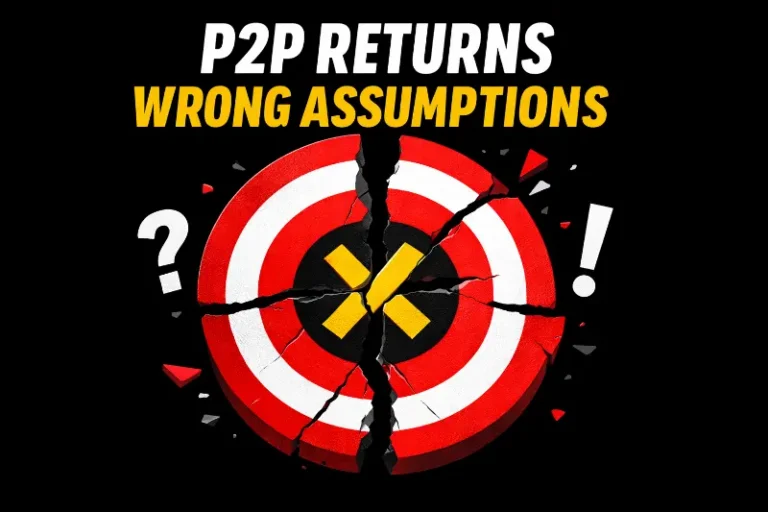 Cracked bullseye target with bold text reading “P2P Returns Wrong Assumptions” on a black background