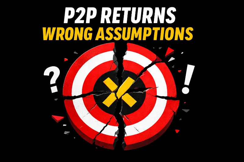 Cracked bullseye target with bold text reading “P2P Returns Wrong Assumptions” on a black background