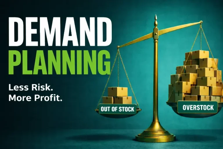 Balance scale comparing overstock inventory and stockouts to illustrate demand planning risk and profitability tradeoffs in ecommerce