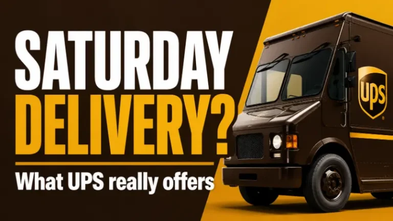UPS delivery truck with bold text reading “Saturday Delivery?” for an article explaining whether UPS delivers on Saturdays and what weekend delivery options ecommerce sellers should understand.