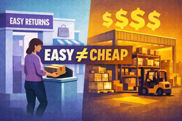 Stylized split-scene illustration showing a customer using a returns drop-off point on one side and a costly warehouse returns operation on the other with the text “Easy ≠ Cheap