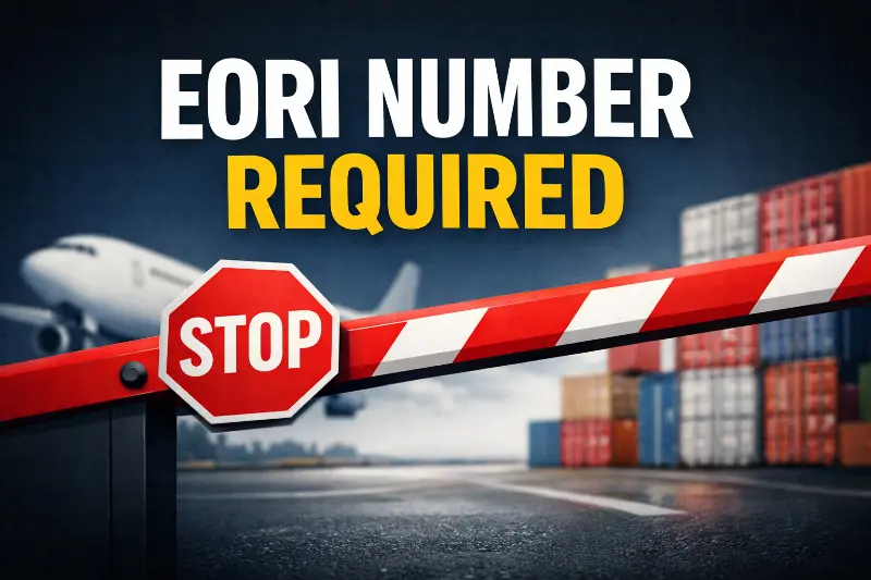 Barrier gate blocking shipment flow with bold text EORI Number Required representing customs delays caused by missing EORI data