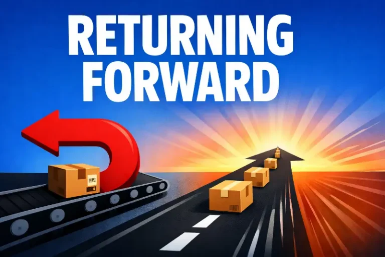 Bold featured image with the words “RETURNING FORWARD,” showing a backward U-turn arrow on a conveyor belt contrasted with boxes moving forward on a road toward the horizon