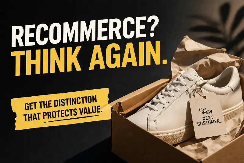 Open-box like-new shoe in box with bold text asking if peer-to-peer returns are recommerce