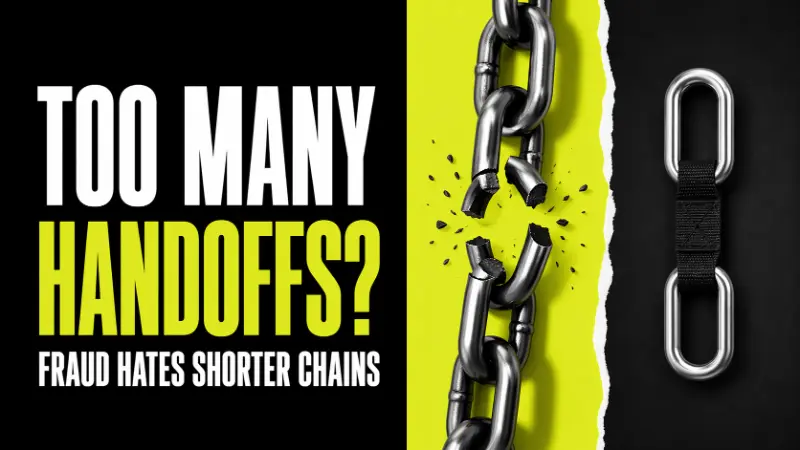 Bold featured image with the headline “Too Many Handoffs?” and subheadline “Fraud Hates Shorter Chains,” showing a broken metal chain contrasted with a shorter secured link to symbolize how peer-to-peer returns reduce fraud by shortening the return chain.