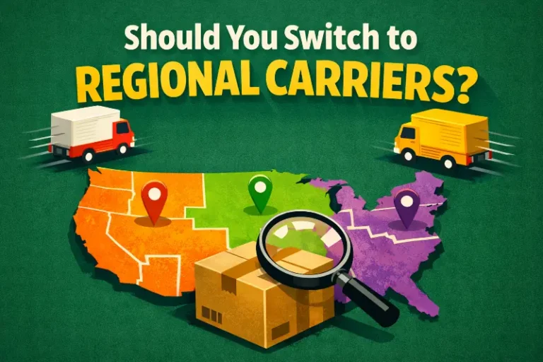 Bold ecommerce graphic with delivery trucks and a U.S. map featuring the text “Should You Switch to Regional Carriers?” highlighting the decision and complexity of using regional parcel carriers