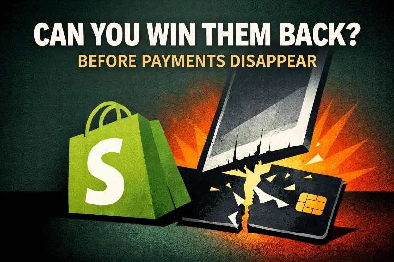 Shopify subscription reactivation risk illustrated by credit card being cut off after 24 hour payment deletion window, making customer win-back harder