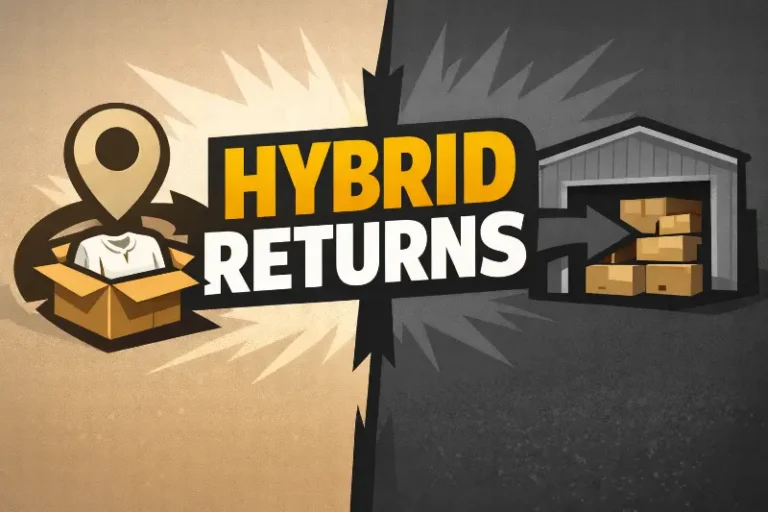 Bold editorial hero image with the words Hybrid Returns between an open return box and a warehouse, representing a hybrid peer-to-peer and warehouse returns strategy