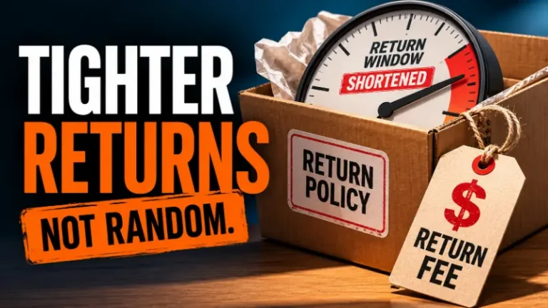 Return package showing a shortened return window and return fee, representing retailers tightening return policies as economic triage.