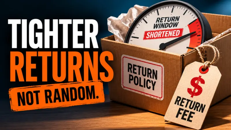 Return package showing a shortened return window and return fee, representing retailers tightening return policies as economic triage.