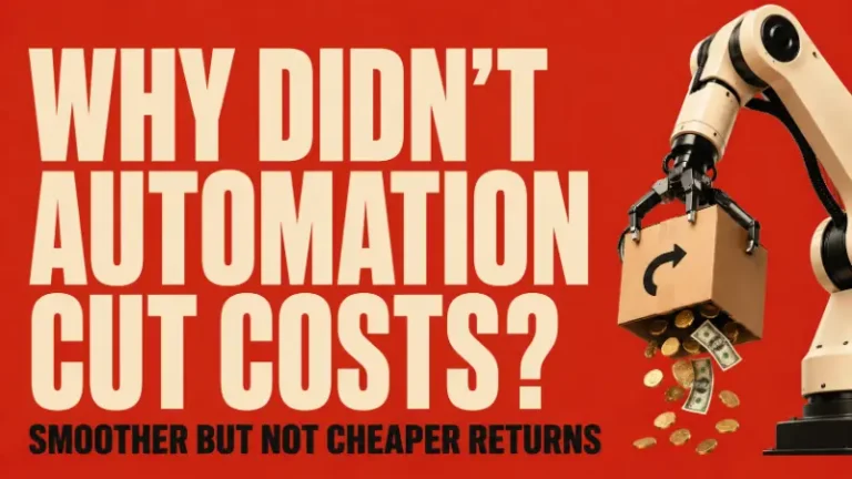 Robotic arm holding a return box leaking money with text asking why automation didn’t cut return costs.