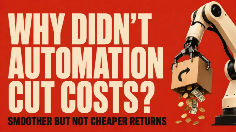 Robotic arm holding a return box leaking money with text asking why automation didn’t cut return costs.