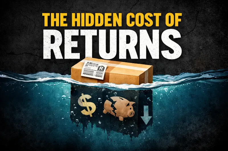 Bold featured image with the text “The Hidden Cost of Returns” above a return box partly submerged in dark water, symbolizing hidden margin loss from ecommerce returns management